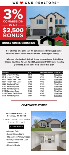 Limited Time 3% Commission + $2,500 Bonus and Buyer Incentives in Crowley